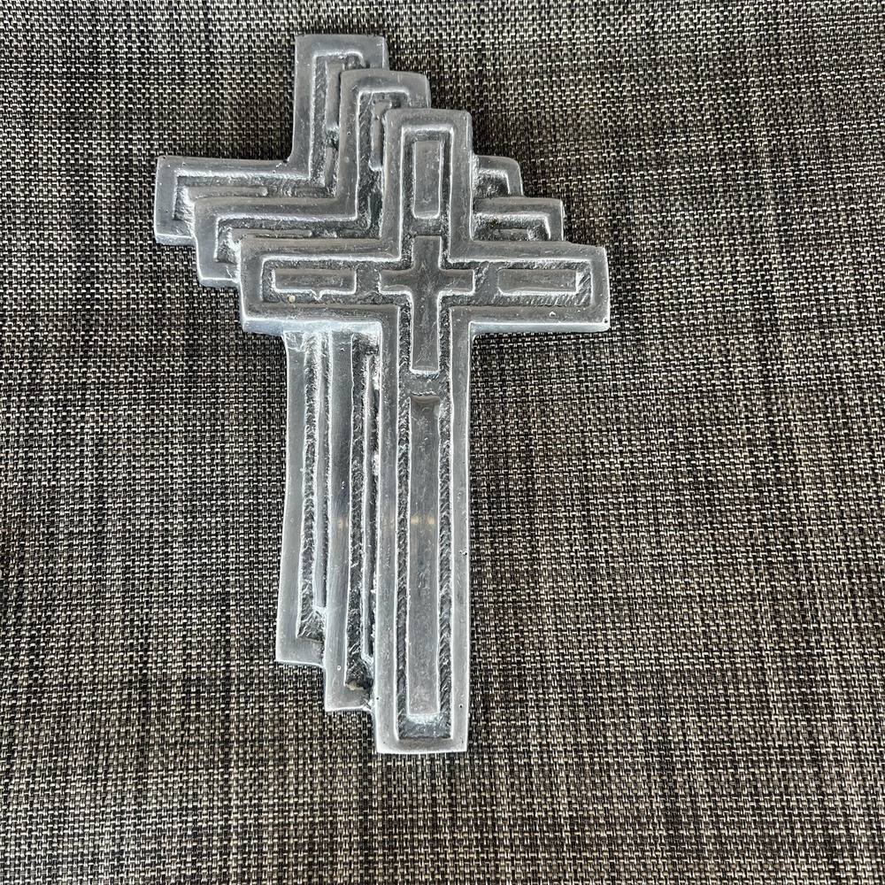 Vintage Mexican Pewter Triple Layered Staggered Wall Cross Religious Art‎ 8.5"